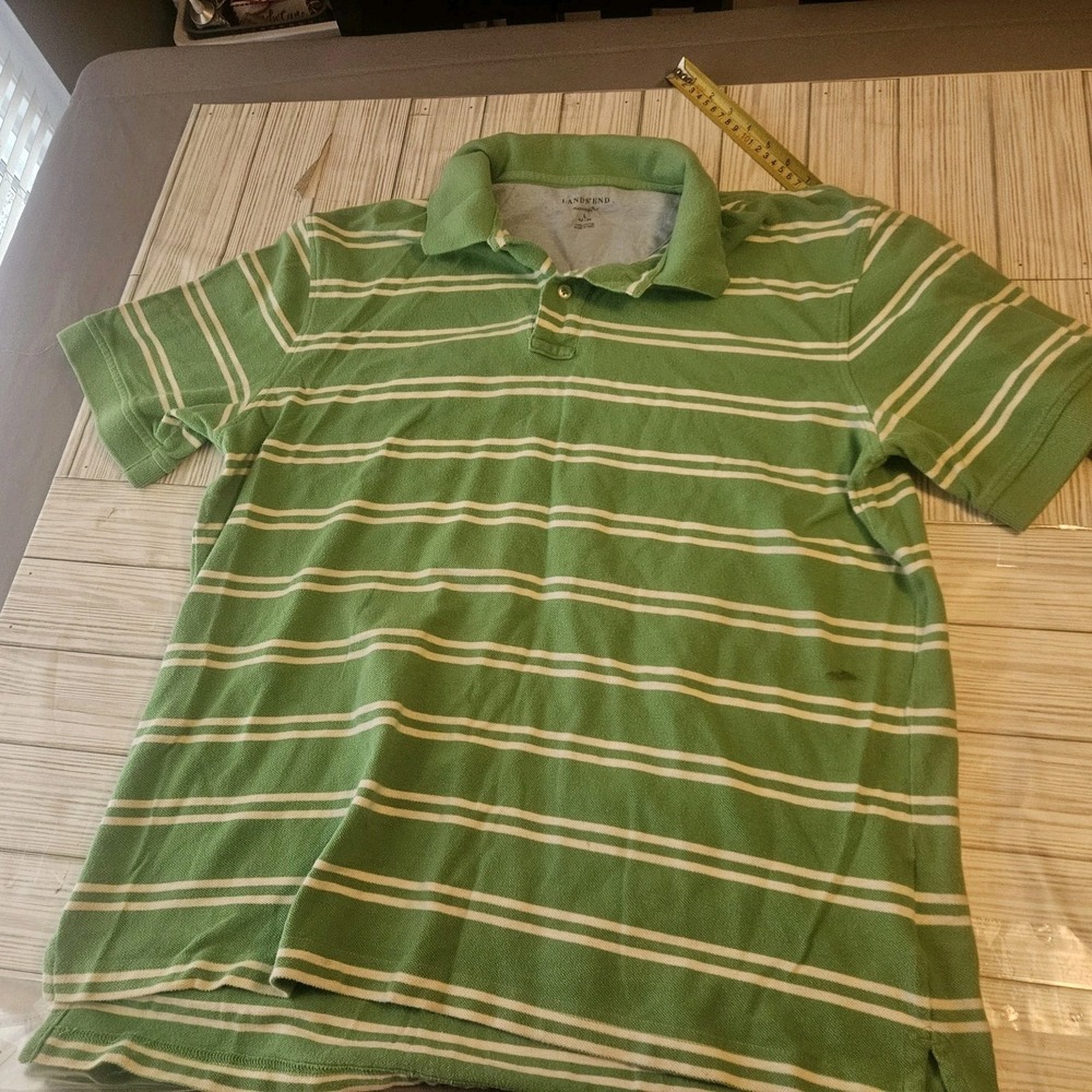 Lands End Shirt Mens Large Green &‎ White Striped Short Sleeve Casual
